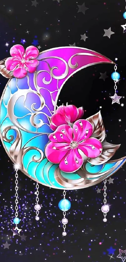 Colorful crescent moon with pink flowers on a black starry background.