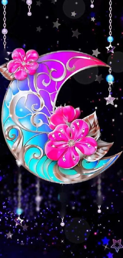 Colorful crescent moon with flowers and stars in a night sky design.