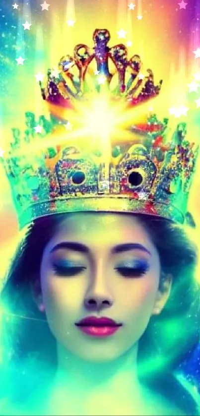 Vibrant portrait of woman with colorful crown, glowing in neon light.