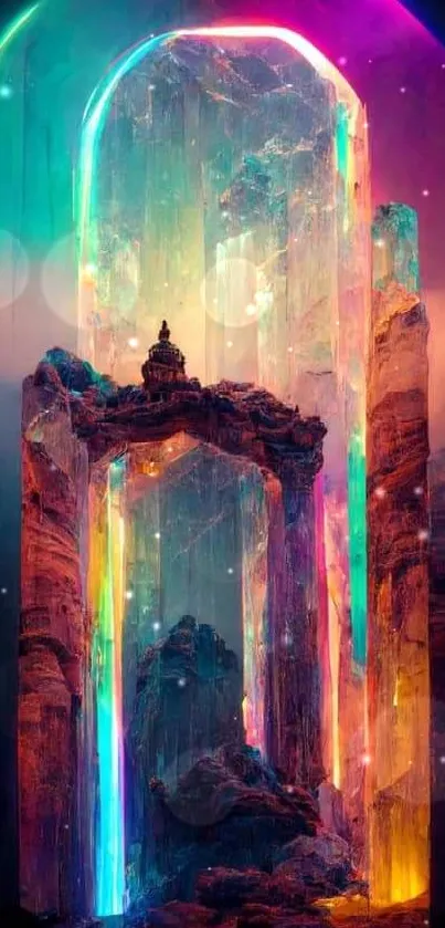 Colorful crystal archway with neon lighting in abstract art style.