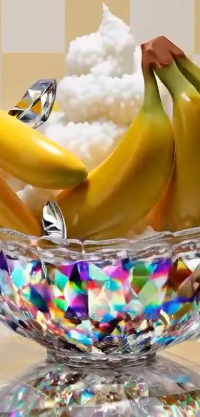 Bananas in a crystal bowl with rainbow reflections in vibrant colors.