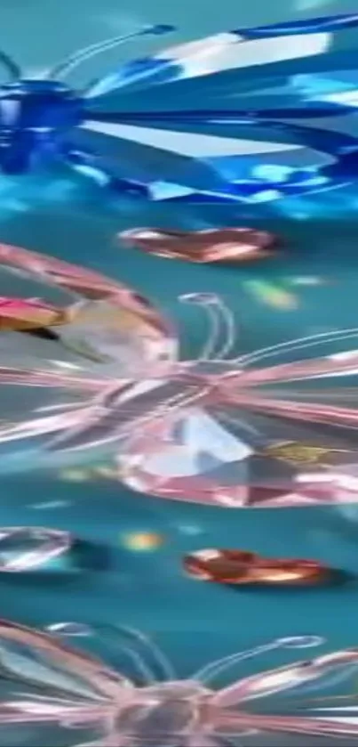 Colorful crystal butterflies on a teal background.