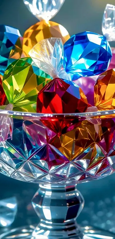 Colorful crystal candies in a decorative glass bowl.