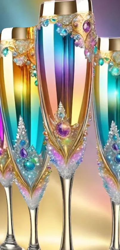 Elegant crystal champagne flutes with vibrant colors against a golden backdrop.