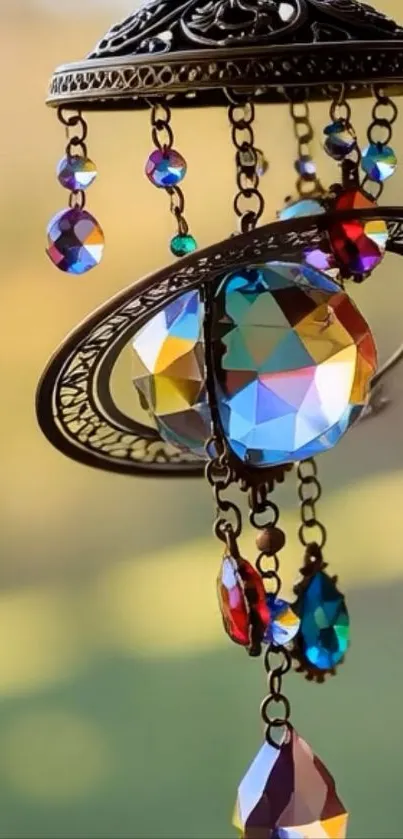 Colorful crystal chandelier against soft background.
