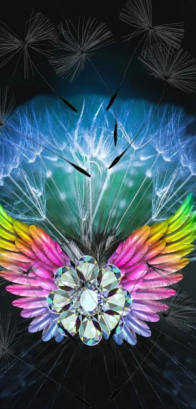 Colorful dandelion fantasy wallpaper with vibrant wings and abstract design.