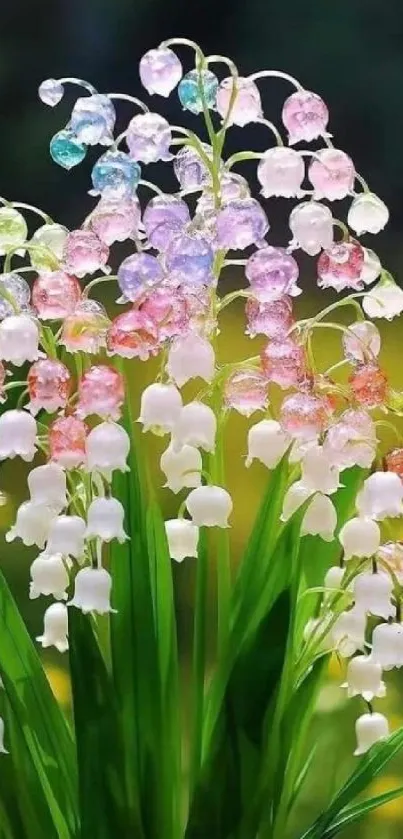 Vibrant multicolored crystal-like flowers against a lush green background.