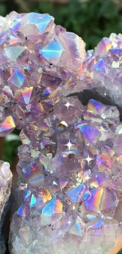 Iridescent purple crystal gemstone cluster on display.