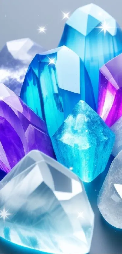 Colorful crystal gems in blue, purple, and clear hues for mobile wallpaper.