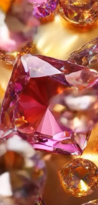 Colorful crystal gemstones with a golden hue.