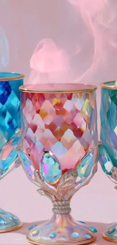 Colorful crystal goblets with misty aura.