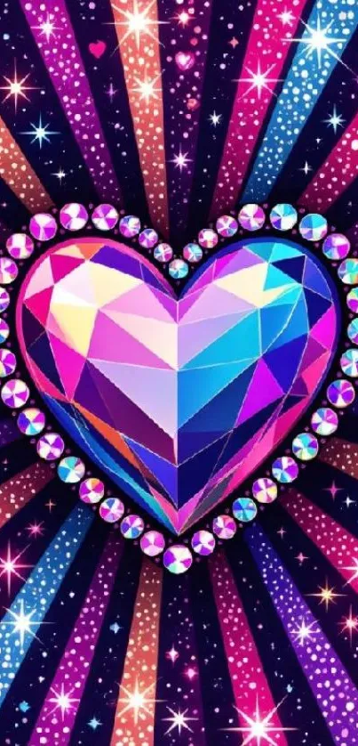 Colorful crystal heart with starburst rays.