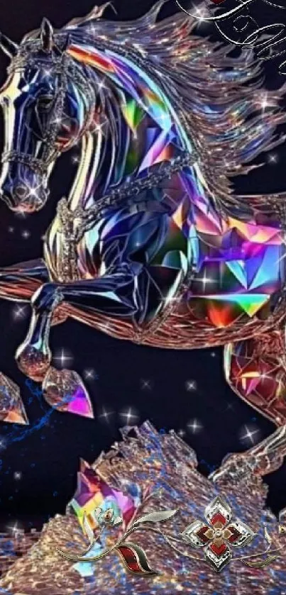 Vibrant crystal horse in a colorful prismatic design on a dark background.