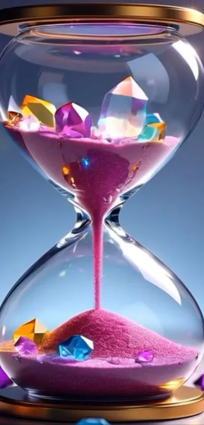 Colorful hourglass with crystals and pink sand.