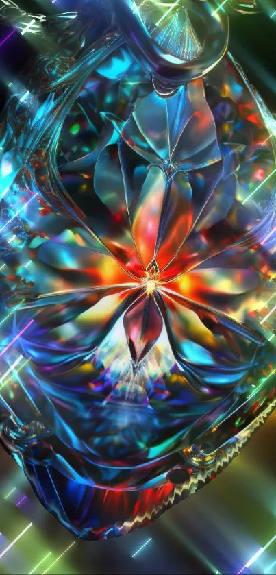 Colorful crystal pendant emitting vibrant light on wallpaper.