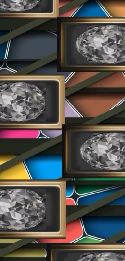 Colorful geometric mosaic with crystal elements.