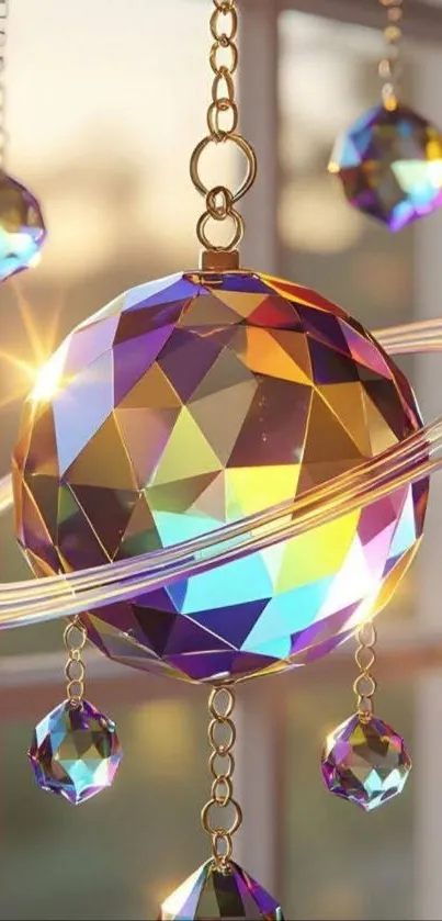 Colorful crystal sphere with hanging ornaments.