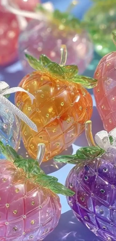 Colorful crystal strawberries with artistic design.