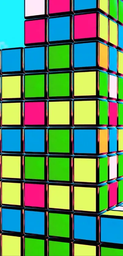 Colorful cubes stacked in a vibrant pattern.
