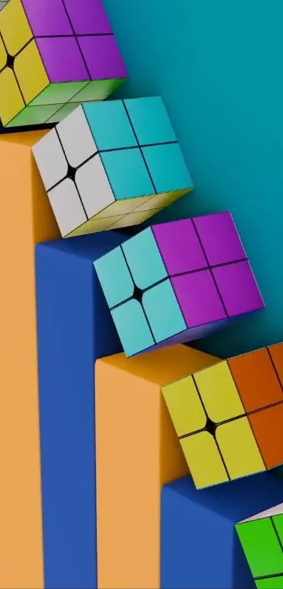 Colorful geometric cubes stacked on a teal background.