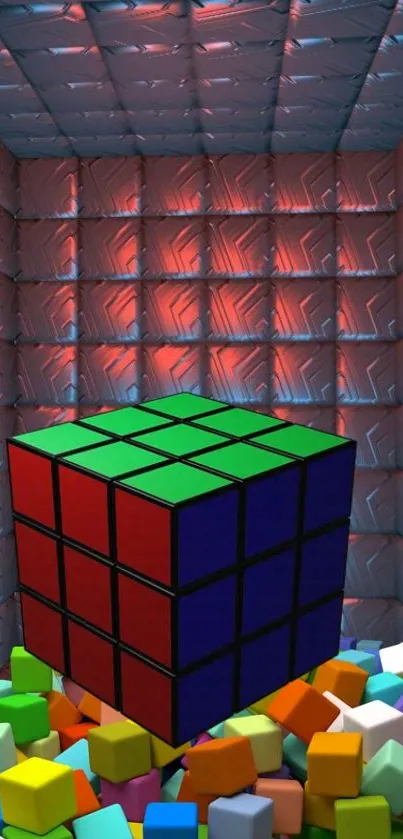 3D puzzle cube surrounded by colorful blocks in a futuristic room setting.