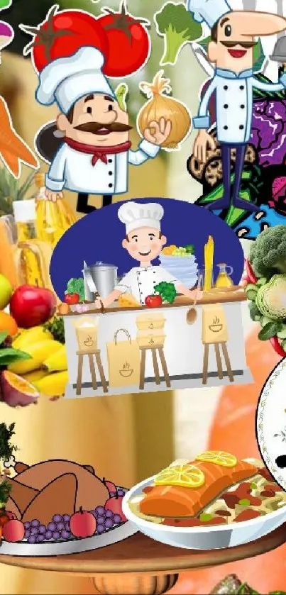 Colorful cartoon wallpaper featuring chefs and fresh foods.