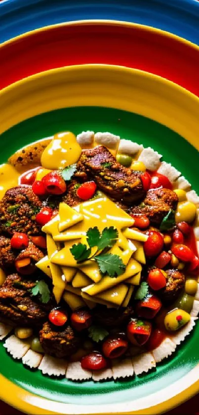 Colorful dish on vibrant plate with fresh ingredients, perfect for food lovers' wallpaper.