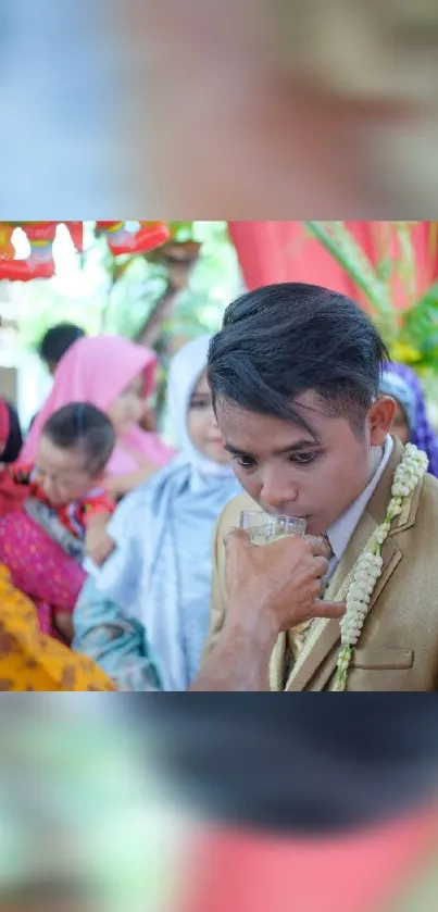 Vibrant cultural celebration with traditional attire.