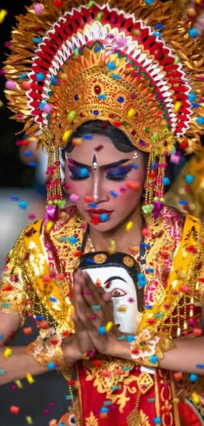 Vibrant cultural celebration with intricate attire and confetti raining down.