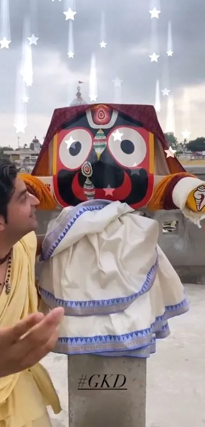 Vibrant scene of Indian cultural festival celebration with colorful idol and attire.