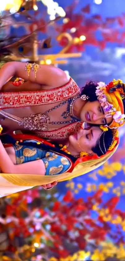 A vibrant scene of two people in traditional attire surrounded by colorful decor.