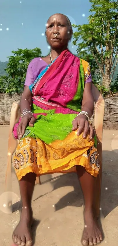 Colorful saree portrait in rural outdoor setting.