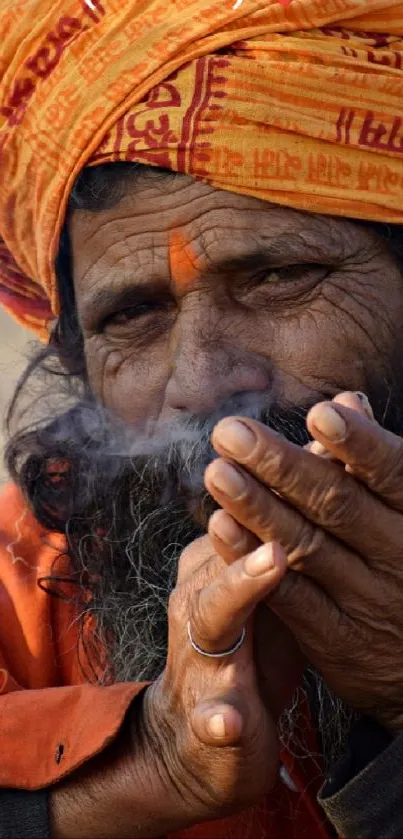 Vibrant cultural portrait with orange hues.