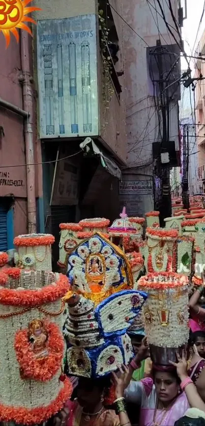 Vibrant street parade with colorful traditional attire and headdresses.