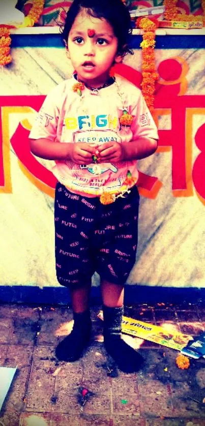 Child in colorful attire with marigold decor.