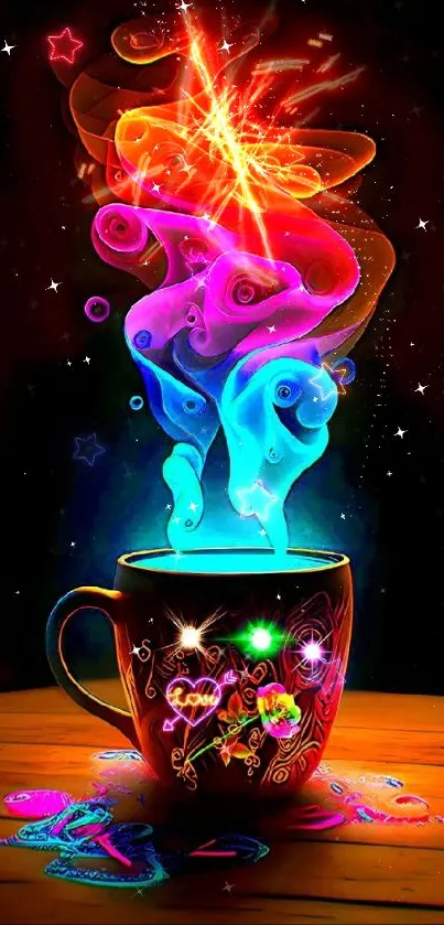 Digital art of a cup with colorful swirling smoke on a black background.