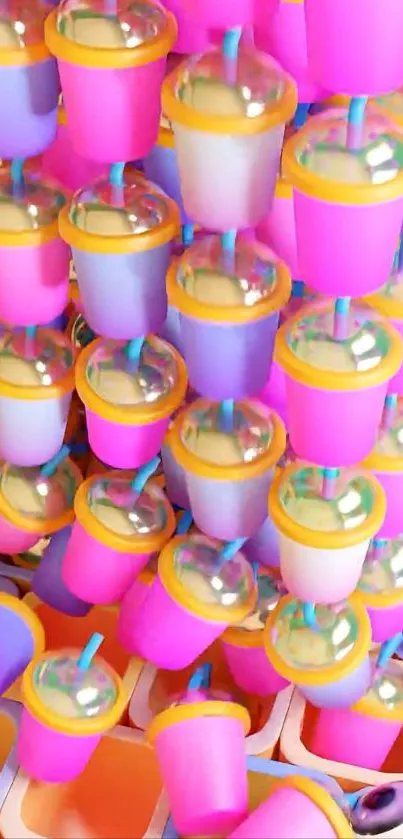 Vibrant stack of colorful cups with playful design.