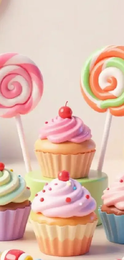 Cute cupcakes and lollipops in pastel shades, perfect wallpaper.