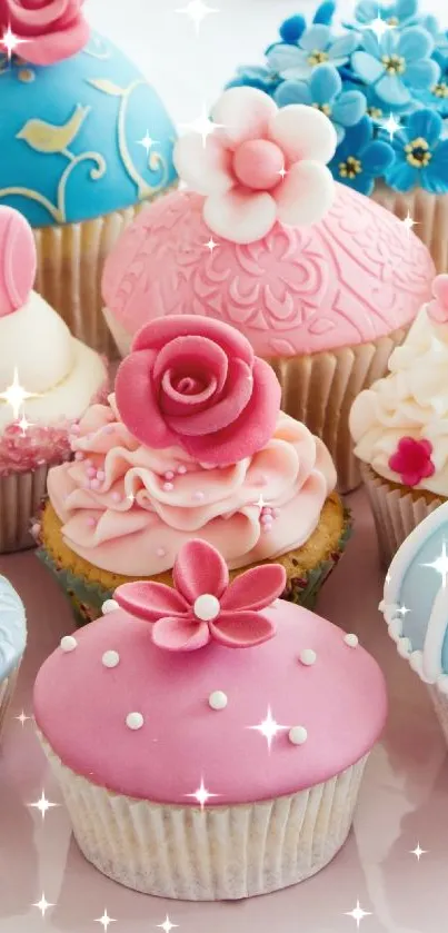 Colorful cupcakes with pastel icing and floral decorations.