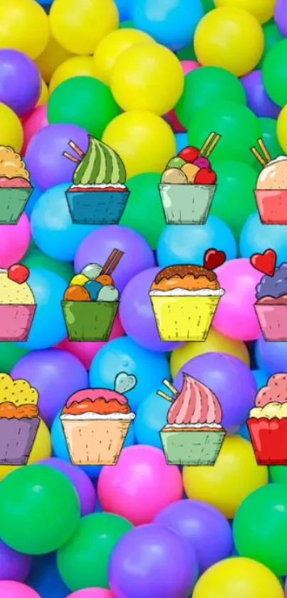 Colorful cupcakes on a vibrant ball pit background.