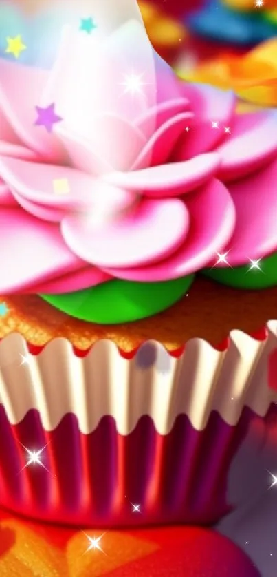 Colorful wallpaper with a pink flower cupcake and vibrant colors.