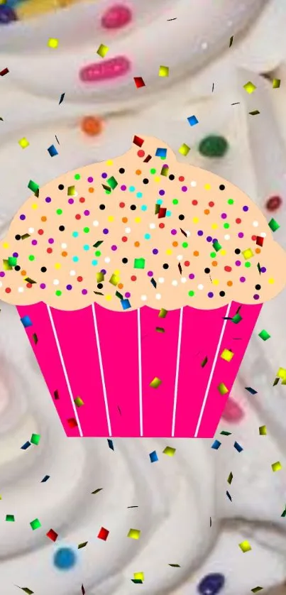 Colorful cupcake with sprinkles and pink frosting on a festive background.