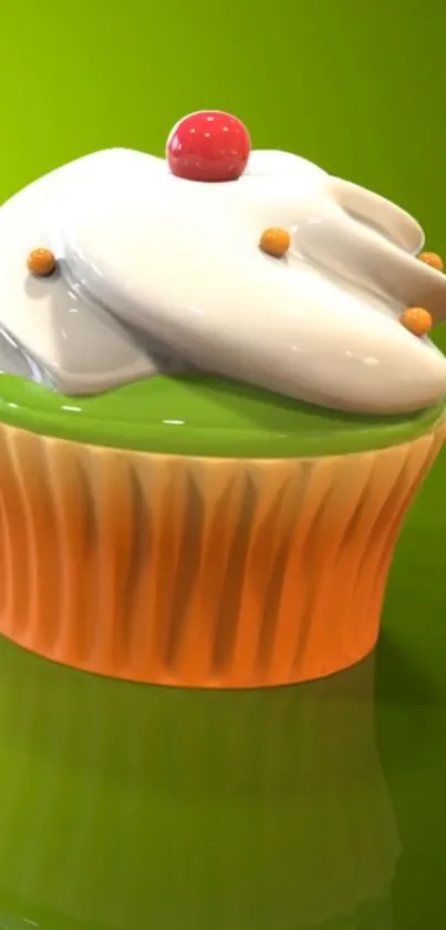 Colorful cupcake against a vibrant green background.