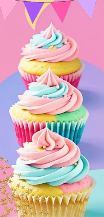 Three pastel frosted cupcakes on a vibrant backdrop.