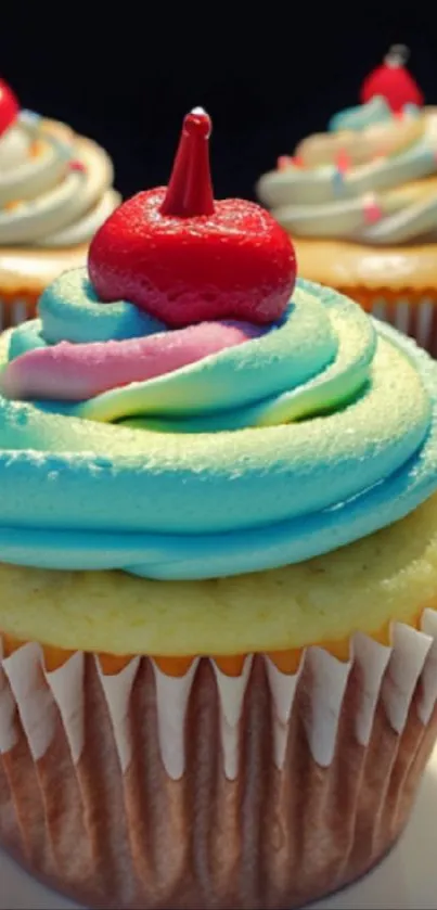 Vibrant cupcake with colorful frosting and cherry on top.