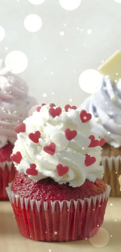 Colorful cupcakes with heart decorations on wooden surface.