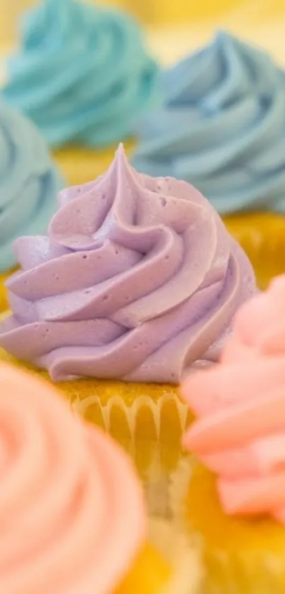 Lavender, pink, and blue frosted cupcakes create a colorful wallpaper.