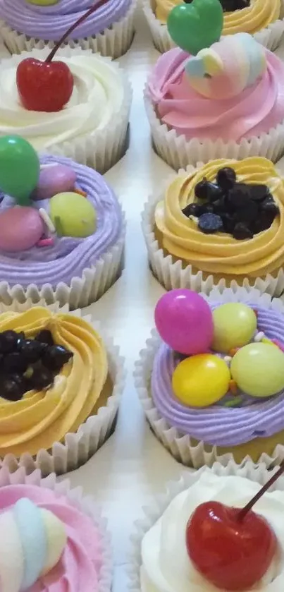 Colorful cupcakes with cherries and candy toppings in vibrant hues.