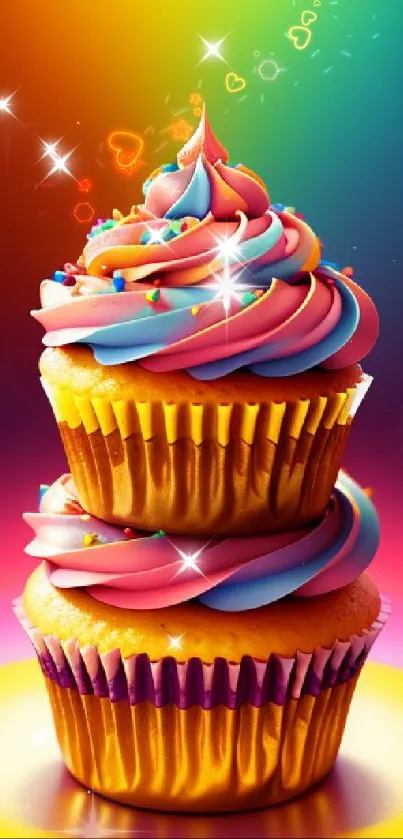 Vibrant cupcake wallpaper with rainbow icing and gradient background.