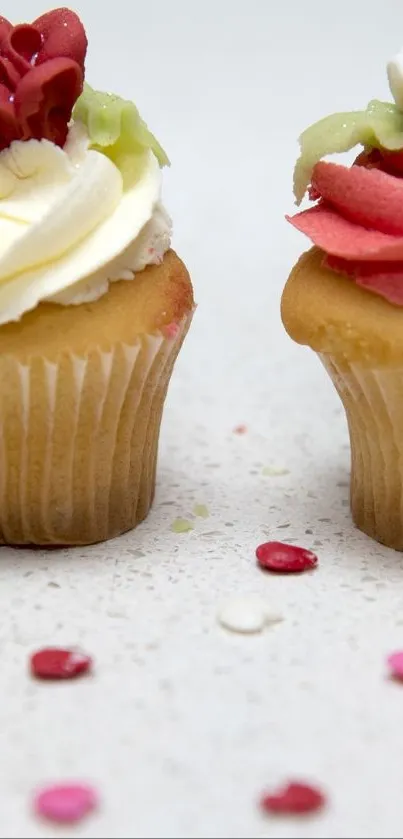 Four colorful cupcakes on a tabletop with decorative frosting.